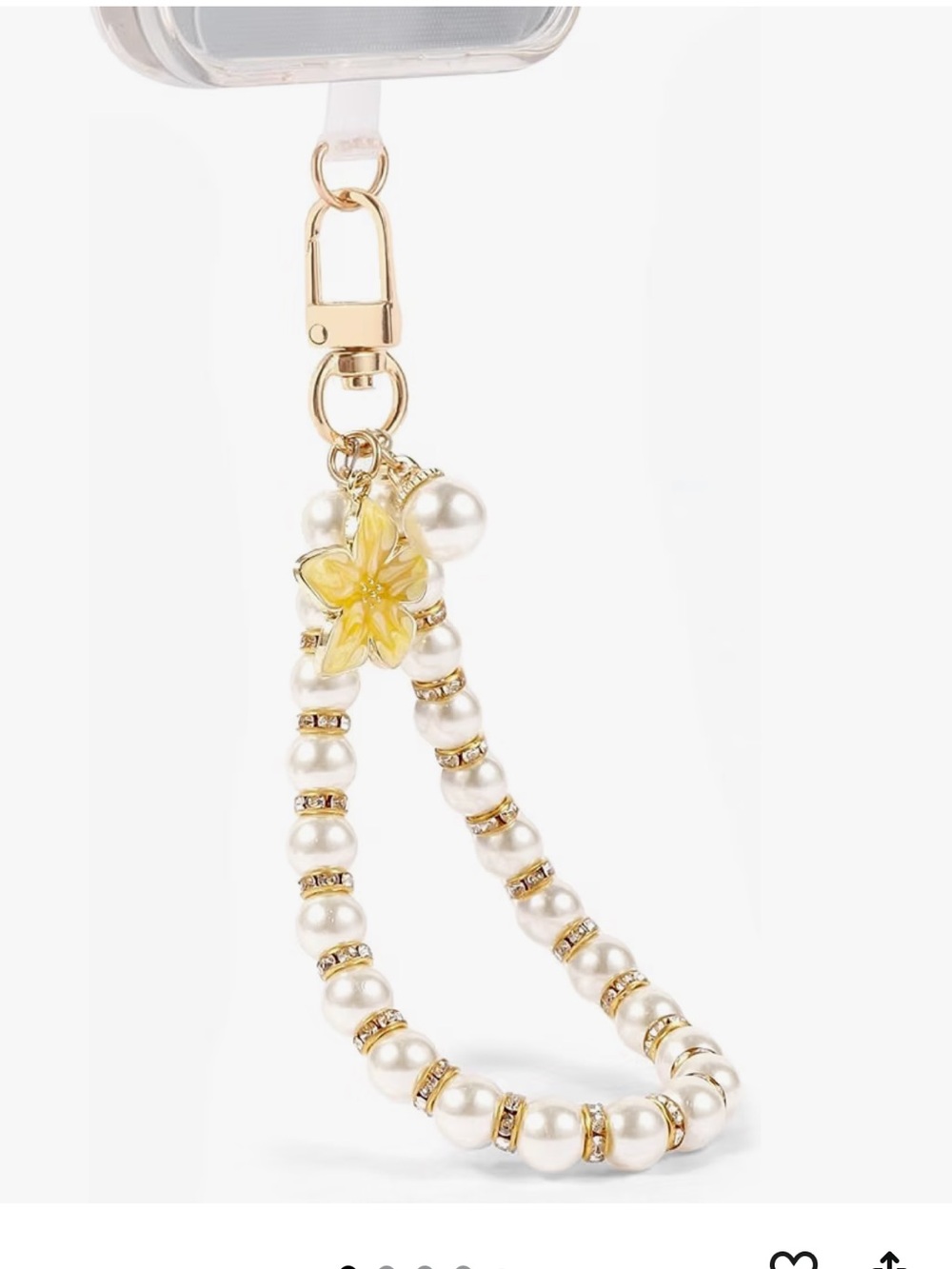 🌼 Gold Pearl Beaded Phone Charm Wristlet with Yellow Flower NEW